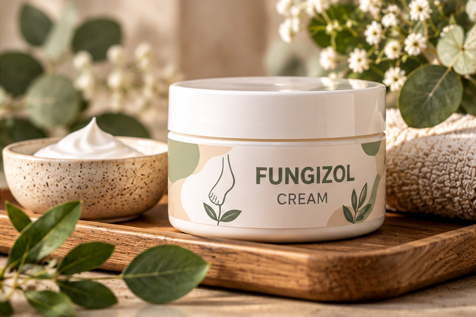 Бял буркан Fungizol с маслинени акценти върху дървен поднос до хавлии